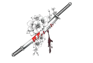 Katana with flowers and blood on the blade tattoo idea