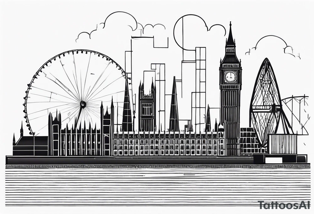 A minimalistic, abstract design capturing the architectural essence and vibe of London. Key elements of London’s skyline and structure are hinted at with clean lines, and subtle detailing includes personal touches, like a nod to Feid’s signature look (hat, glasses, mustache), integrated discreetly to honor a memorable concert experience. tattoo idea