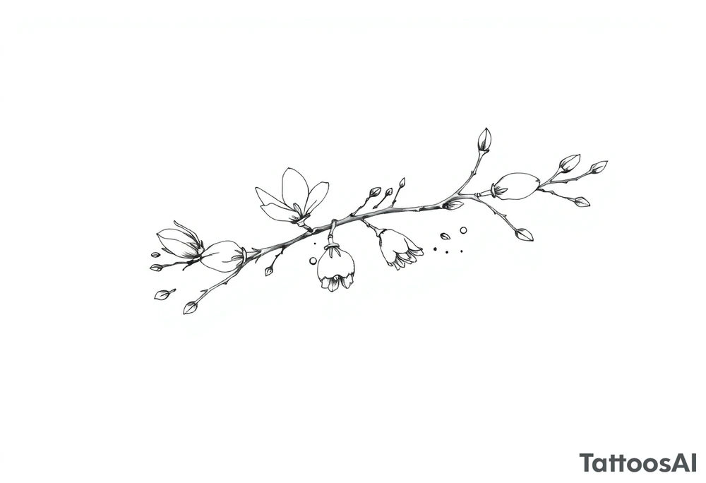 Magnolia branch long with different small almost closed flowers, with botanical details and dots tattoo idea