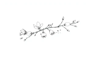 Magnolia branch long with different small almost closed flowers, with botanical details and dots tattoo idea