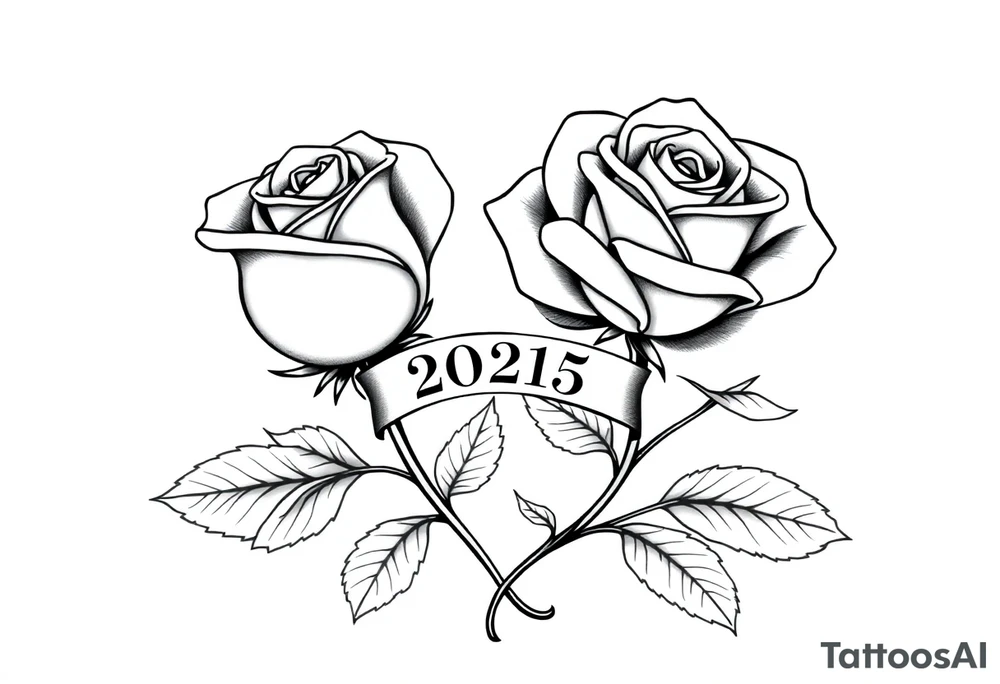 two beautiful large rose buds, one larger than the other, with many leaves next to the rose buds, with one sitting higher than the other. Include a banner connecting the two roses with "2025" on it.   Use dark outlines with little shading. The two stems should be short, not long, and connect and join into one stem, whimsically curved or twisted - not straight down. tattoo idea