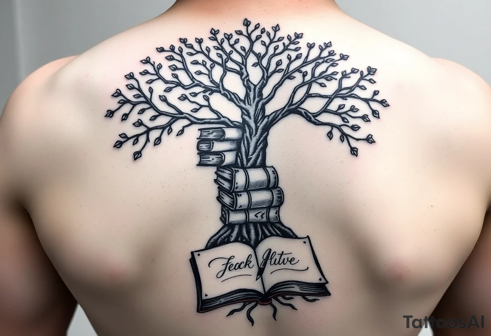 Majestic tree of knowledge with books connected as roots stacked up and an open journal with beautiful cursive writing at the base with a fountain pen tattoo idea