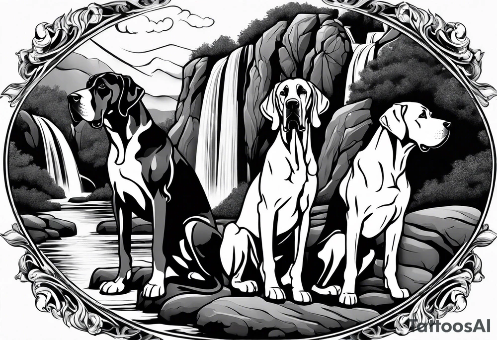 Arm sleeve with four Great Danes in front of waterfall tattoo idea
