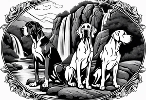 Arm sleeve with four Great Danes in front of waterfall tattoo idea
