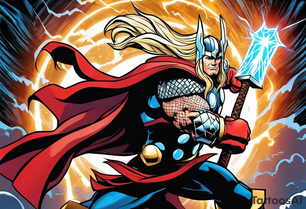 The Mighty Thor  with lightning in the background tattoo idea