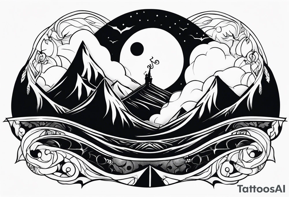 jack skellington on the top of curved montain tattoo idea