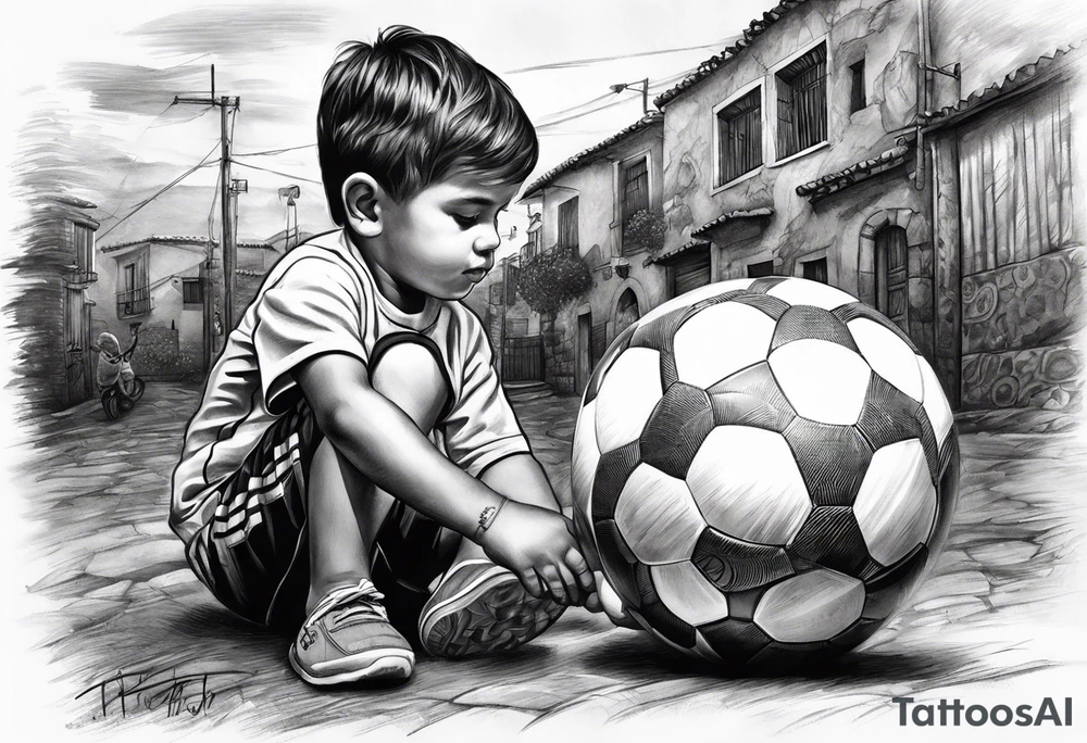 Niño viendo su pueblo natal de espalda con un balón de fútbol para la pantorrilla tattoo idea