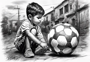 Niño viendo su pueblo natal de espalda con un balón de fútbol para la pantorrilla tattoo idea