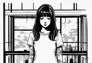 portrait of tomie standing up a character by the horror manga author junji ito full body standing murderously. add more horror and gore elements tattoo idea