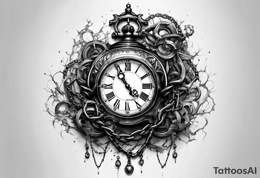 Extremely hyper realistic broken clock covered in chains that are growing tattoo idea