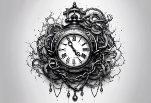 Extremely hyper realistic broken clock covered in chains that are growing tattoo idea