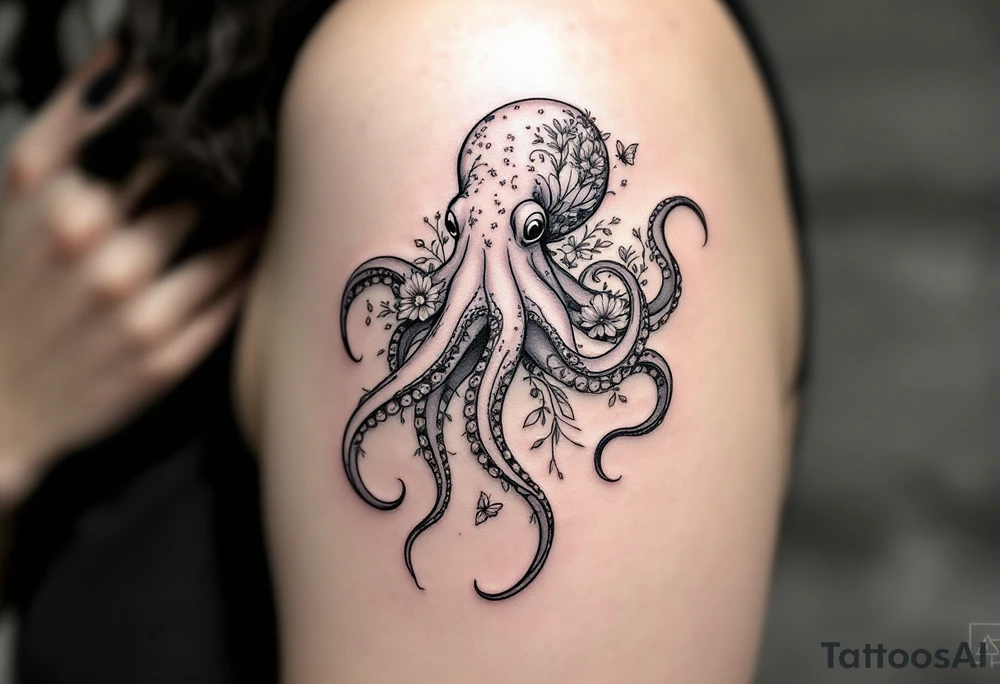 fine-line tattoo, single octopus, flowers butterflies composition, tentacles floral vines, flowing botanical tentacles, overlapping blossoms body, butterfly wing body, minimalist elegant design, nature-inspired, delicate black grey lines, soft shading, no outlines, outline-free design, floral octopus, botanical sea creature, organic flow, upper arm shoulder placement, light airy feel, poetic minimalism, vine-shaped tentacles, petal tentacle flow, blossom overlapping, wing composition, delicate linework, soft botanical shading, nature creature fusion, minimalist intricacy, elegant simplicity, flowing organic movement, shoulder arm curve, lightweight design, subtle detail work, refined botanical elements, understated complexity, clean minimalist lines, gentle nature fusion tattoo idea