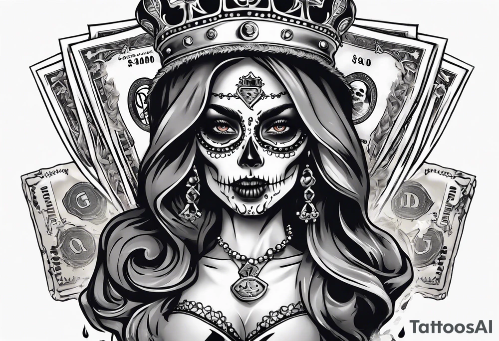 santa la muerta with money and crown
on the card tattoo idea