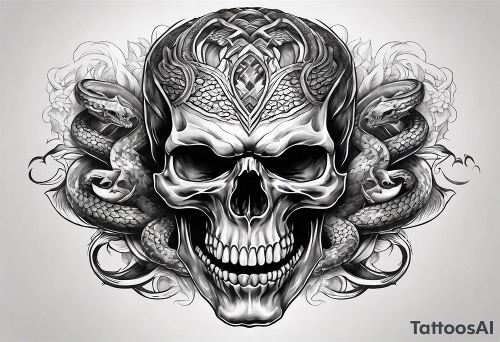 Skull with burning flames in mouth and snake through its eyes tattoo idea