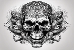 Skull with burning flames in mouth and snake through its eyes tattoo idea