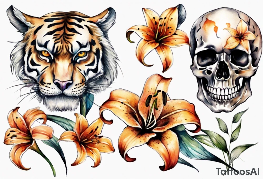 Skull and tiger lilies tattoo idea
