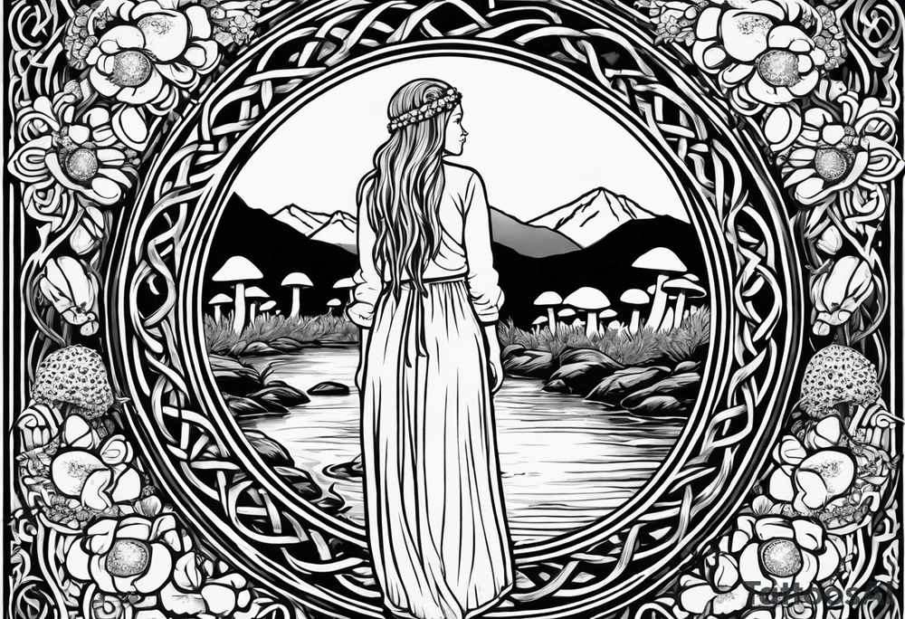 Whole picture encircled fully

Straight long blonde hair hippie girl in distance holding mushrooms in hand facing away toward mountains and creek surrounded by mushrooms long sleeve shirt and hiking pants; whole rendering within a full celtic circle border, no cut off circle tattoo idea