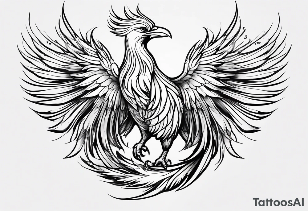 minimalist pheonix with long tail curling and feathers coming off tail tattoo idea