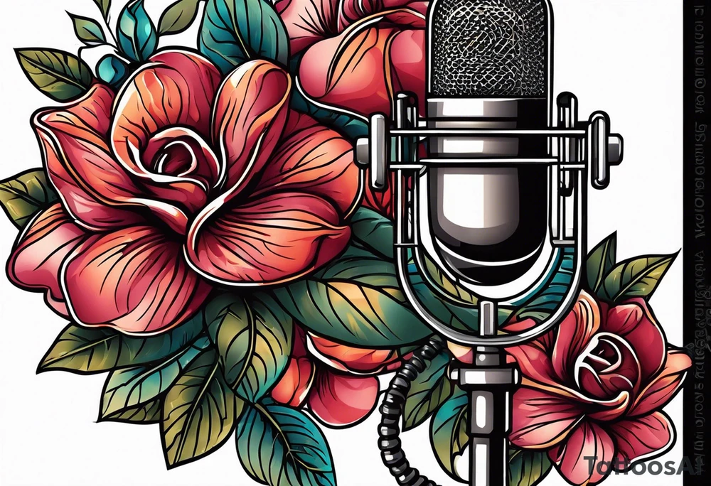 vintage lips near microphone traditional flowers tattoo idea