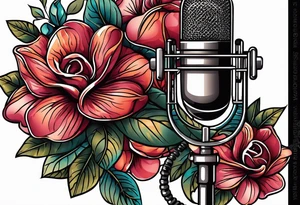 vintage lips near microphone traditional flowers tattoo idea