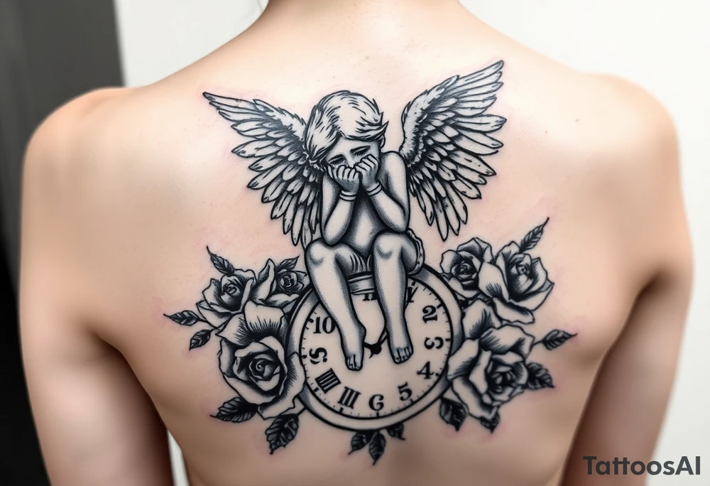 Crying angel handcuffed sitting on clock sorrouded by roses tattoo idea