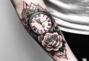 half sleeve forearm tattoo with rose, small clock, lotus flower and dove. white lines wrapped around design tattoo idea