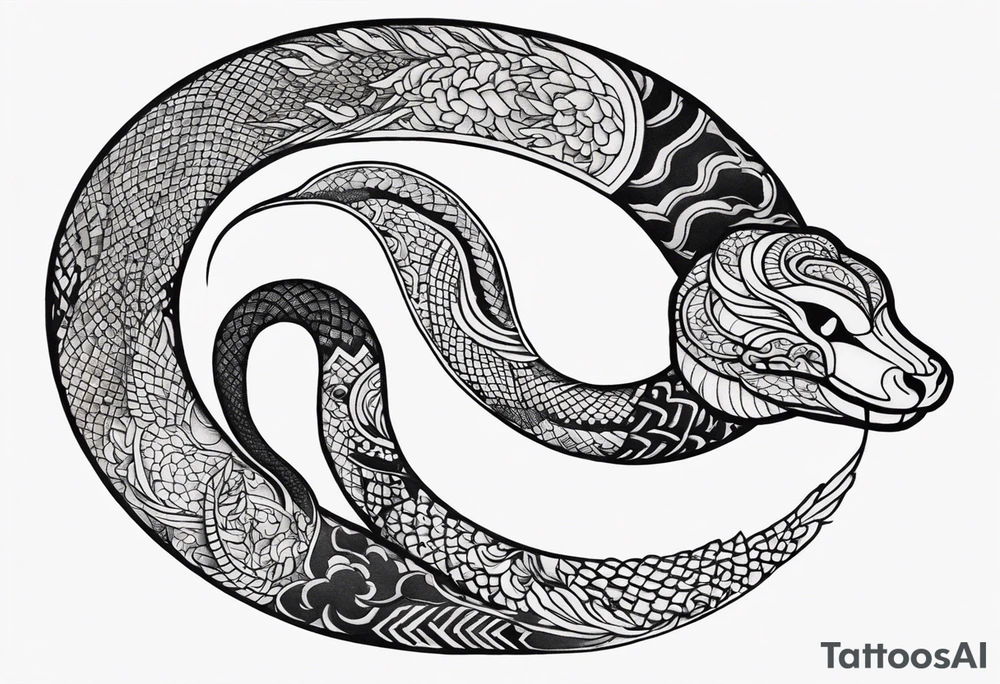 Snake tattoo for placement down along the spine with the head positioned at the bottom in japanese style to symbolise a journey of healing and transformation with reference to ying yang tattoo idea