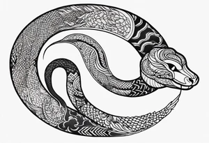 Snake tattoo for placement down along the spine with the head positioned at the bottom in japanese style to symbolise a journey of healing and transformation with reference to ying yang tattoo idea