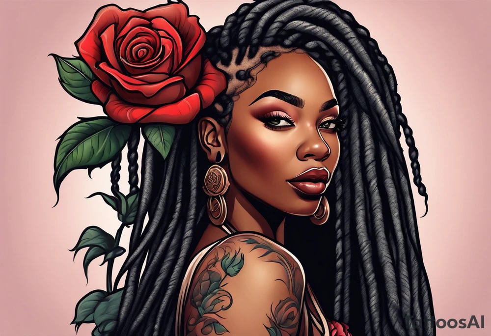 beautiful thick black women with long straight dreadlocks, holding a beautiful single rose,, pastel, old school traditional, tattoo idea