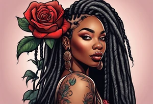 beautiful thick black women with long straight dreadlocks, holding a beautiful single rose,, pastel, old school traditional, tattoo idea