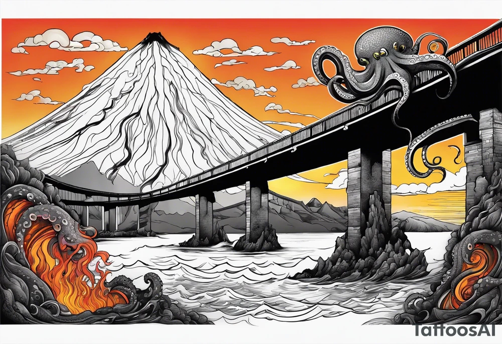 Octopus attacking a bridge with volcano in background erupting tattoo idea