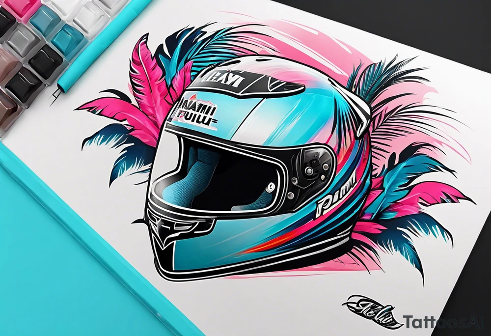 Formula 1 helment with the Miami name a palm tree and light blue black and pink colors 3/4 view tattoo idea