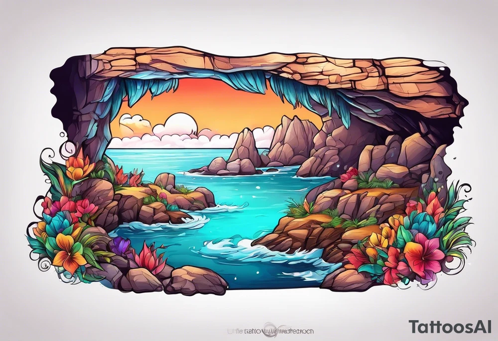 Colorful cave with water tattoo idea