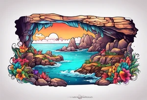 Colorful cave with water tattoo idea