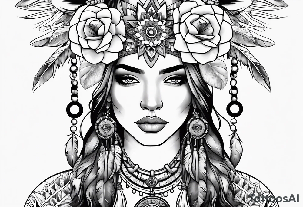 Native american girl, Taurus, flowers, dream catcher tattoo idea