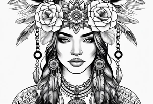 Native american girl, Taurus, flowers, dream catcher tattoo idea