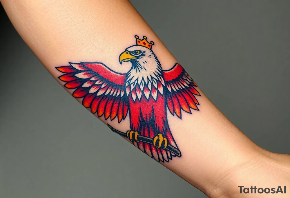 A majestic red and white Moravian eagle with golden crown on its head perched on a branch, its wings spread wide tattoo idea