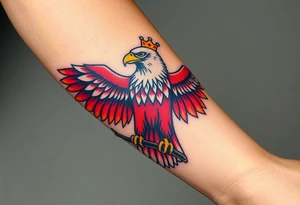 A majestic red and white Moravian eagle with golden crown on its head perched on a branch, its wings spread wide tattoo idea