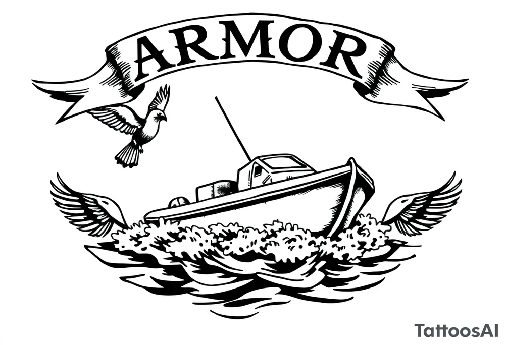 Traditional style tattoo, with a jet boat in the water, with a banner that says “ARMOR” in traditional lettering, and the banner is being held by sparrows . tattoo idea