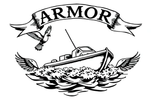 Traditional style tattoo, with a jet boat in the water, with a banner that says “ARMOR” in traditional lettering, and the banner is being held by sparrows . tattoo idea