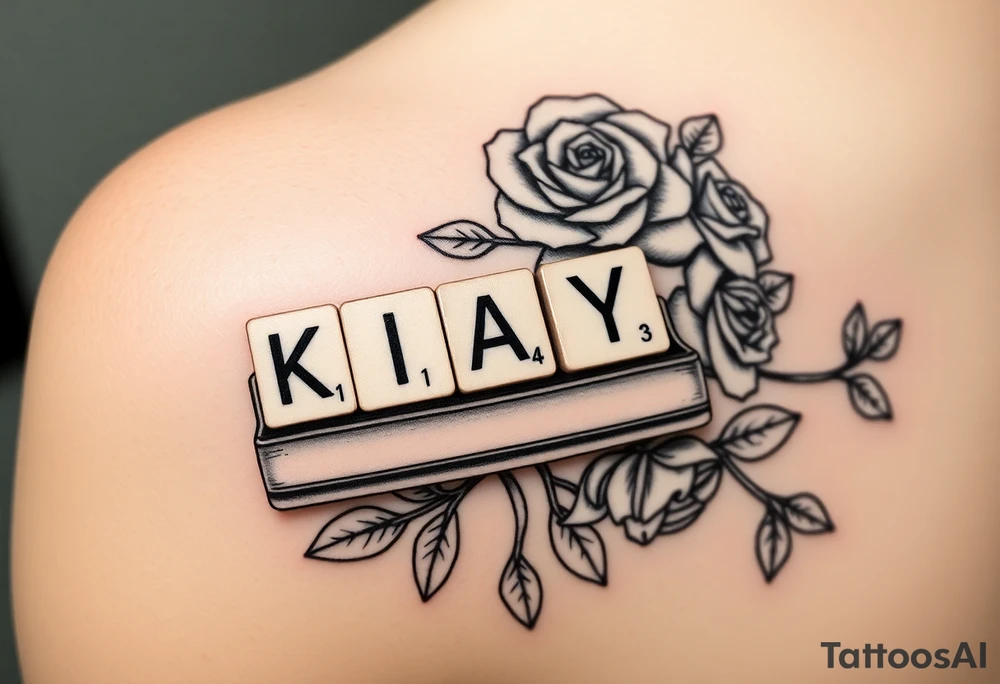 Tattoo on left shoulder
Predominant focal point: Scrabble letters spelling “KAY” resting on scrabble piece holder tray. The numbers in corner of each letter should not be actual scrabble values, instead they should be “1,4,3” or K=1, A=4, Y =3. To represent “I love you” 

This tattoo is to honor my grandmother in hospice

Surrounding the scrabble tile holder and pieces spelling KAY, her name, will be a rose bush tattoo. It should look realistic and fill all space between focal point scrabble tiles & the curves of my left shoulder muscle. I am pretty muscular, so I want the rose bush and stems to scent the definition of my shoulder muscles well. It should highlight my muscles and accentuate them more.

Tattoo in its entirety should cover the whole shoulder. And rose bush should show lots of vines/stems tattoo idea