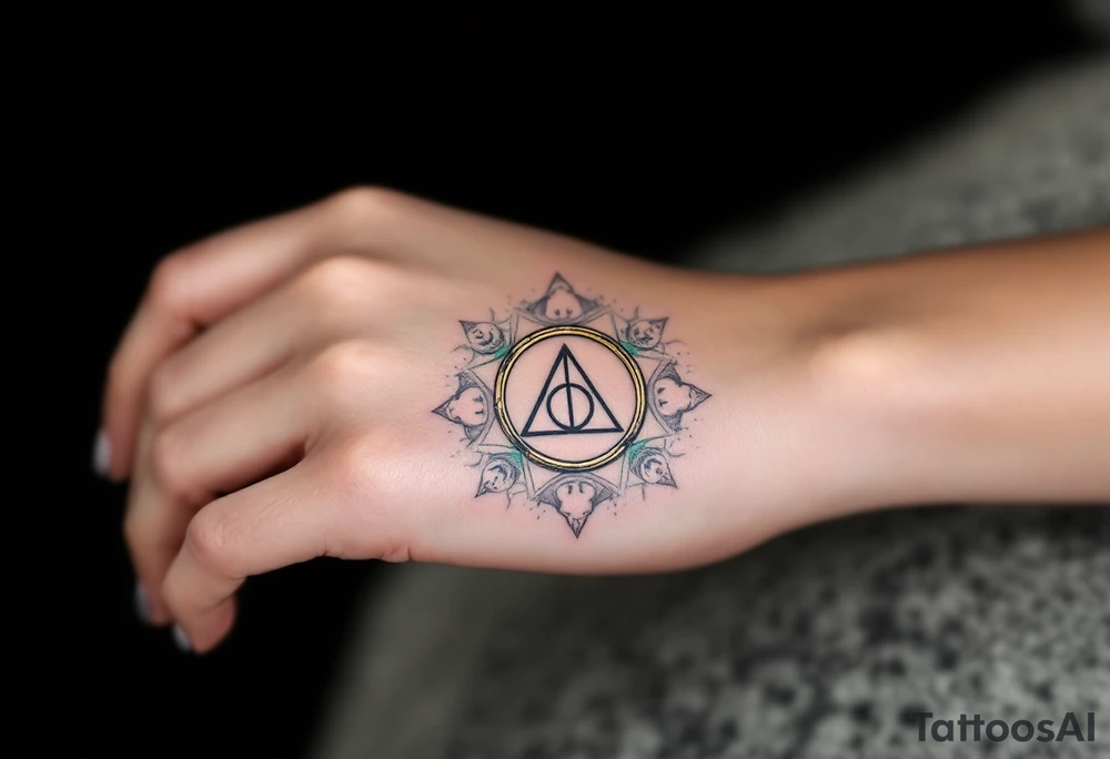 A detailed Deathly Hallows symbol (triangle, circle, and line) surrounded by faint outlines of faces in translucent gray. The ring has subtle green accents, signifying its connection to the world beyond. tattoo idea