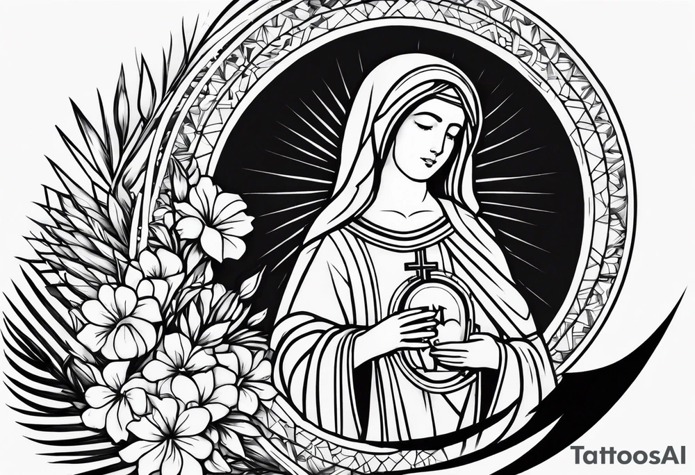 a shoulder and chest tattoo with Mirditas flag on the shoulder and holy mary on the chest tattoo idea