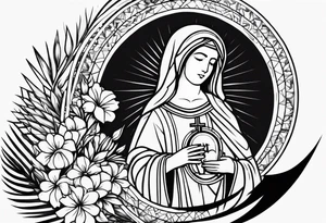 a shoulder and chest tattoo  with Mirditas flag on the shoulder and holy mary on the chest tattoo idea