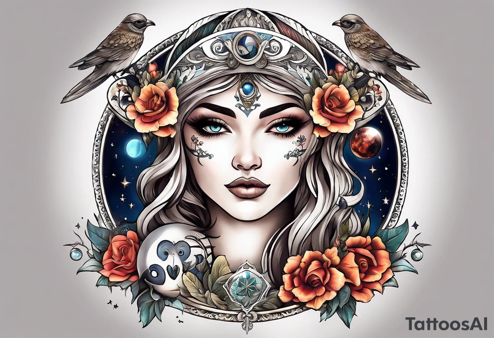 A tattoo design inspired by southern Italian folklore tales, incorporating mystical creatures and celestial objects such as moons and stars, reflecting the client's love for folklore and celestial objects. tattoo idea
