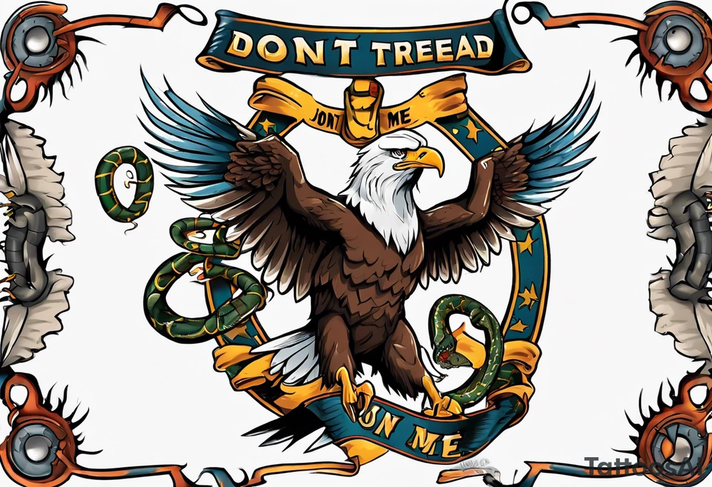 American traditional Bald Eagle carrying a snake in its talons, with a banner reading “don't tread on me” tattoo idea