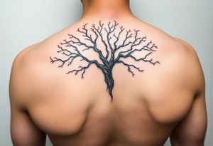 Flowing asymmetrical symbolic tree quarter sleeve on shoulder. Bold and simple branches that do not look realistic. Tree of gondor tattoo idea