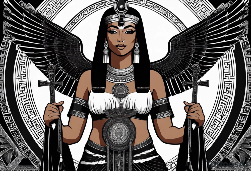 black and white Egyptian goddess Isis, who is often depicted as a woman with outstretched wings, holding an ankh (a symbol of life) in one hand and a lotus flower in the other. Her headdress often includes a throne or a solar disk. The tattoo design can vary in style and size, but it typically aims to capture the essence of this revered Egyptian deity, emphasizing her beauty, power, and maternal qualities. The choice of colors and additional elements can also be customized to create a unique and visually striking representation of the goddess Isis tattoo idea