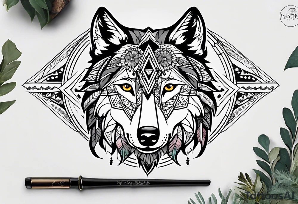 A whimsical wolf tattoo featuring mandala or dream catcher elements, with the wolf as the central focus. Show the wolves whole body standing surrounded by mountains in the background. Include flowers and nature elements to fill the space around the wolf. Some color but not completely solid bold color tattoo idea