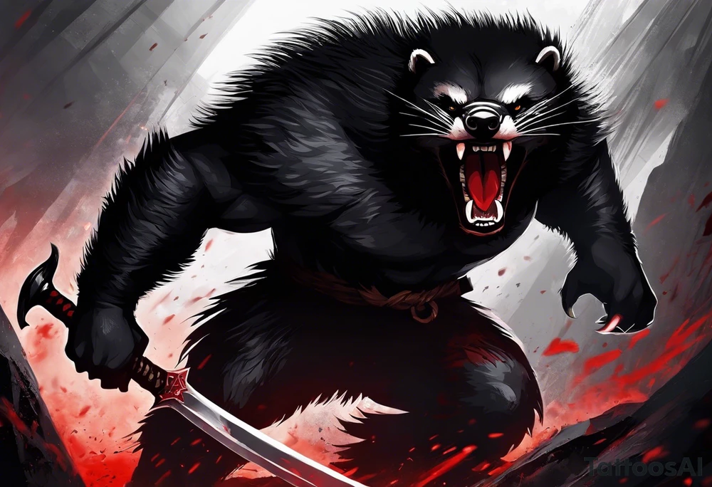 Draw me psychopath Fearless Honey Badger/Berserker with aggressive full body, killer face with a scary smile, very long nails and he attacks like a Bloody Assassin/Warrior/Gladiator to us and also, he has very deadly looking. He fights with his nails only. Everybody scares after their first sight. Give me horror type Badger Tattoo. I want to see his Realistic full body with no weapons. You can show destruction at the back. tattoo idea